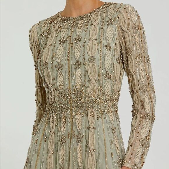 MAC DUGGAL 10077 Green Embellished Mesh Long Sleeve A Line Gown - Picture 3 of 15